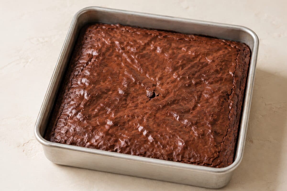 The top should be thin, shiny, and crackled while the center stays fudgy.